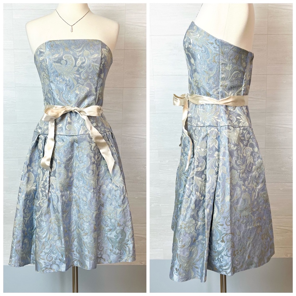 Vintage 90's Jessica McClintock Blue Brocade Jacquard Strapless Dress Size 6 - Picture 6 of 13